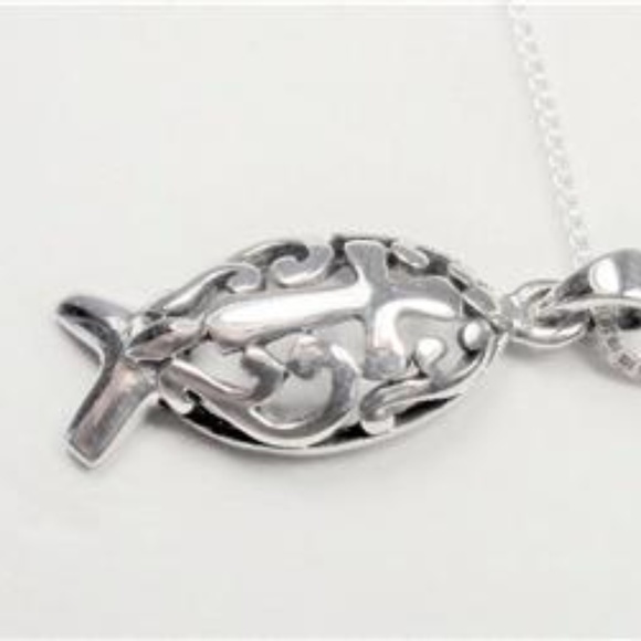 STERLING SILVER NAUTICAL FISH WITH CROSS NECKLACE - Picture 5 of 6